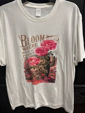 Bloom Where You Are Planted Short Sleeve Tee - White with Pink Floral Graphic